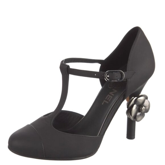 CHANEL Shoes - Chanel Mary Jane Camellia CC Logo T-Strap Black Leather Pumps